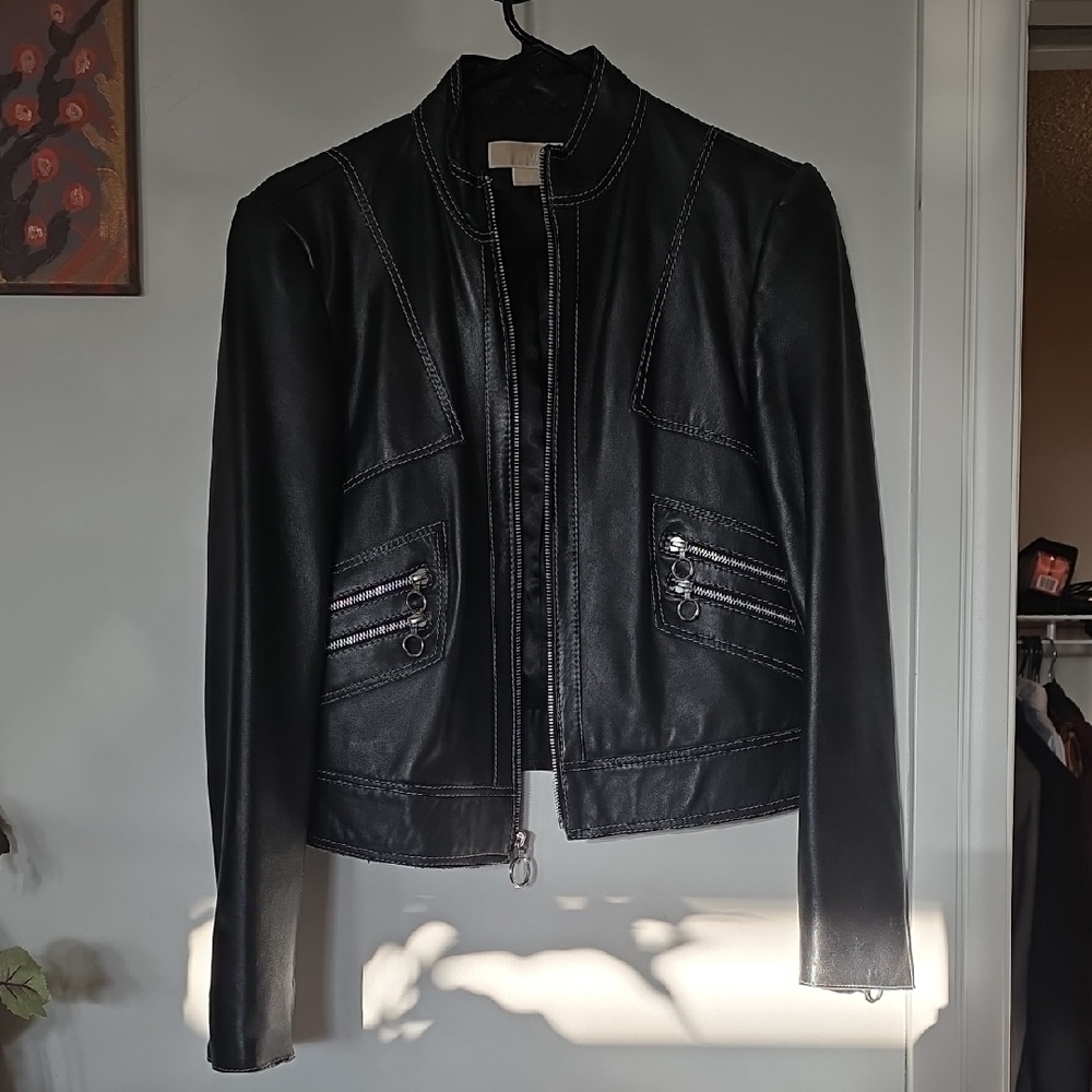 Michael Kors Black Leather Zip-Front Jacket
